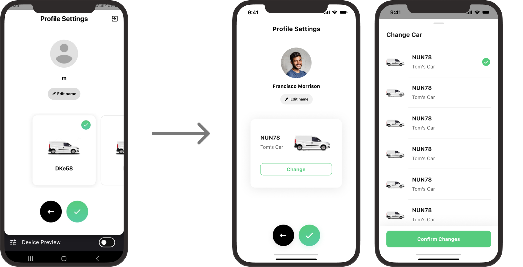 Profile settings old vs new and change car